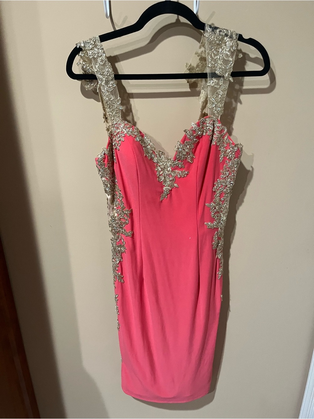 May Queen Coral Pink Dress with Gold Lace Appliqué
